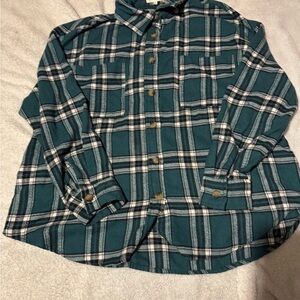 Green and White Button Down Shirt with Plaid Design